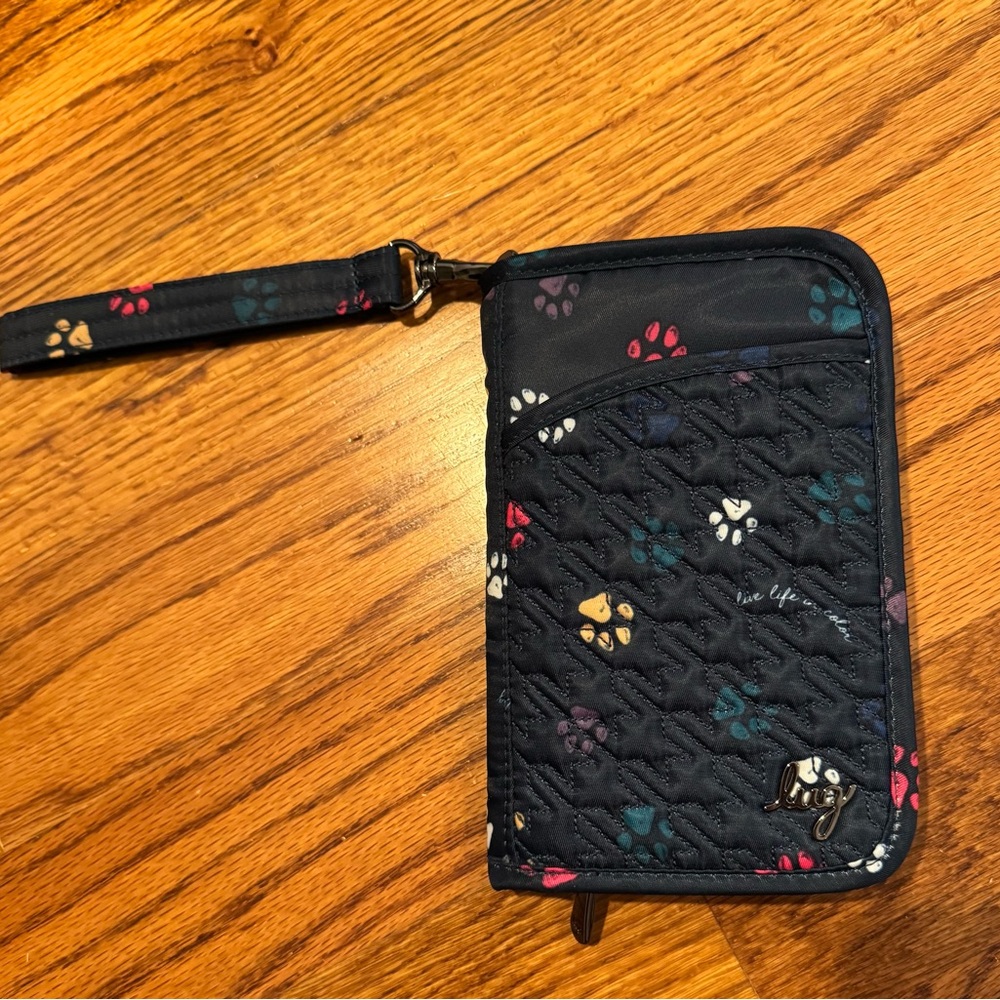Lug Black Quilted Wristlet with Multicolor Paw Prints